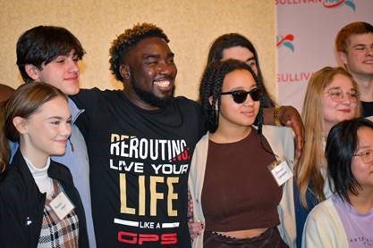 Inspirational speaker Duncan Kirkwood, center left, poses with Rahmat Gambari and other students at the MLK Day of Service Youth Summit on January 20 at the Hurleyville Performing Arts Center.  The day was presented by Sullivan 180 and its community partners.